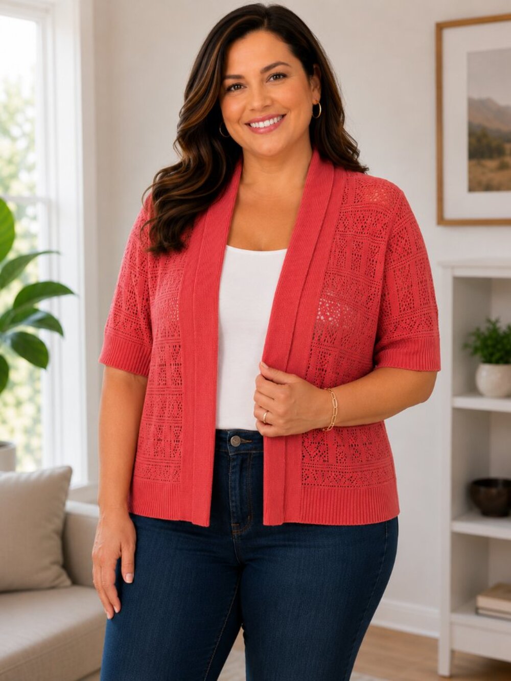 89th Madison XL Dark Coral Open Front Cardigan Knit Shawl Collar Short Sleeve